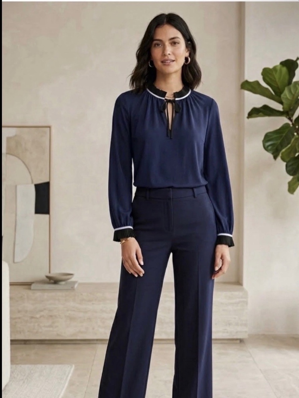 Boden Navy Ruffle High Neck Pleated Keyhole Tie Long Sleeve Blouse US 10